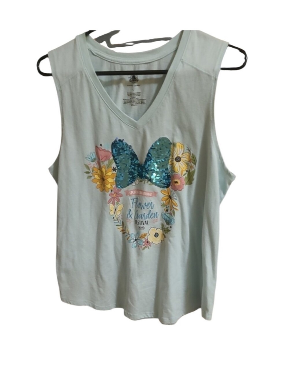 Disney Light Mint Sequin Bow Floral V-Neck Tank Top PTP 20